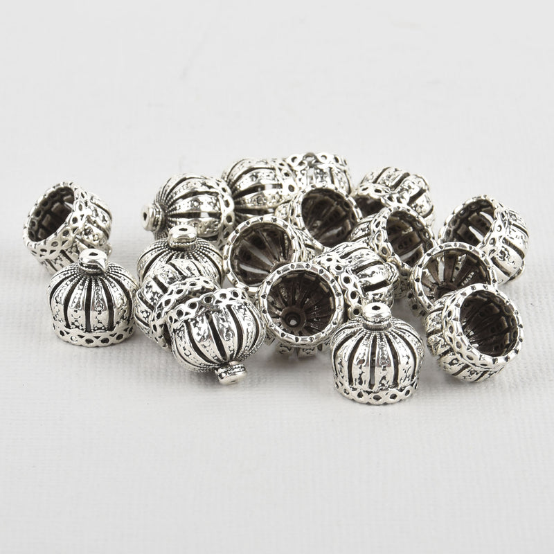 6 Silver Crown Bead Caps, filigree, 18x12mm, bme0768