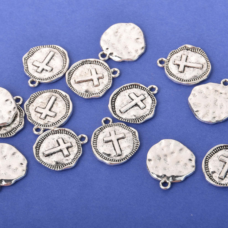 10 Silver Coin Relic Charm Pendants, Cross with wax seal, round coin charms, 22x19mm, chs2945