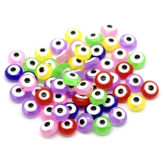 50 Mixed Multicolor Evil Eye Stripe ROUND Resin Spacer Beads 8mm x 5mm   bac0099