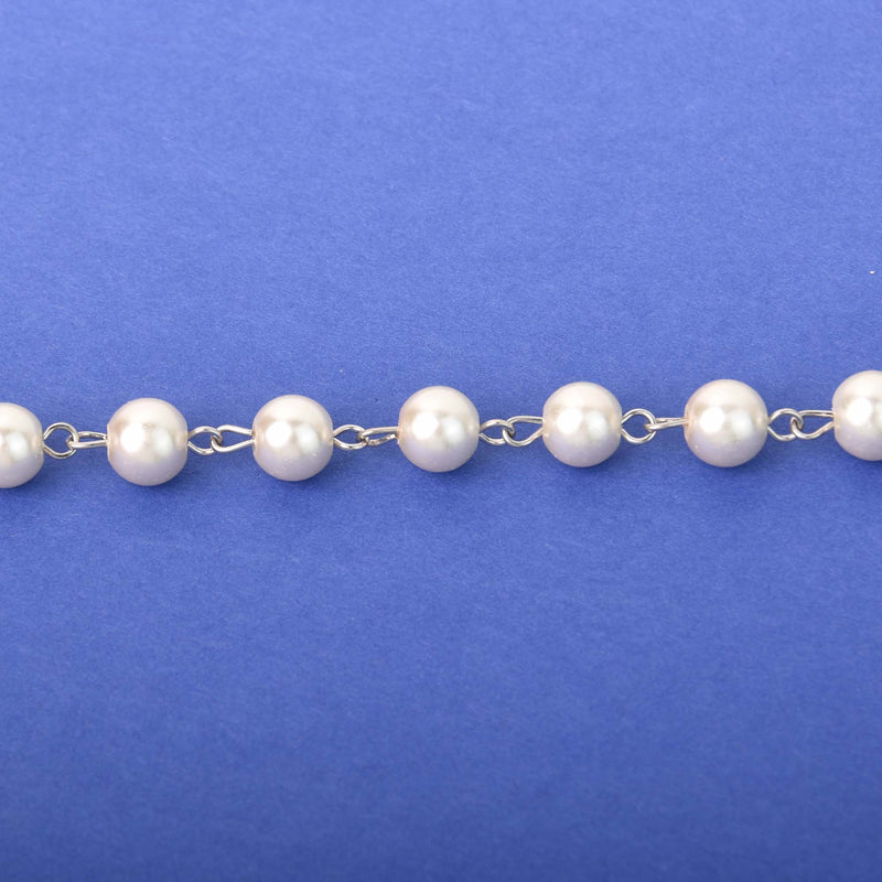 8mm Cream Pearl Rosary Chain, silver links, round glass pearl beads, fch1311