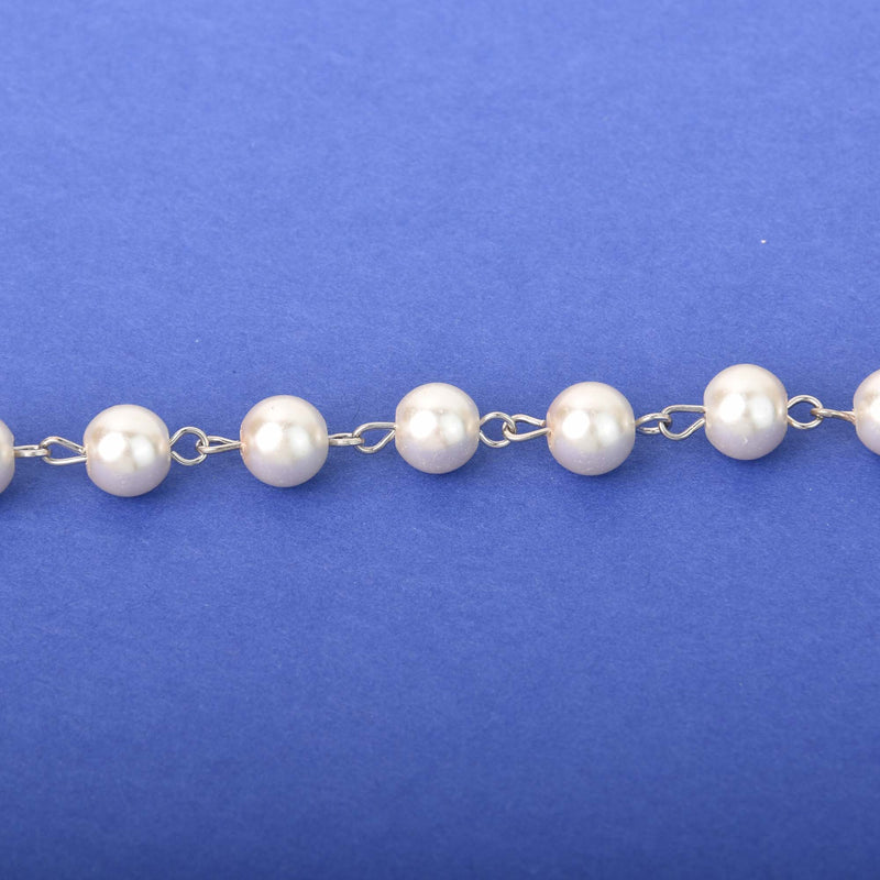 8mm Cream Pearl Rosary Chain, silver links, round glass pearl beads, fch1311