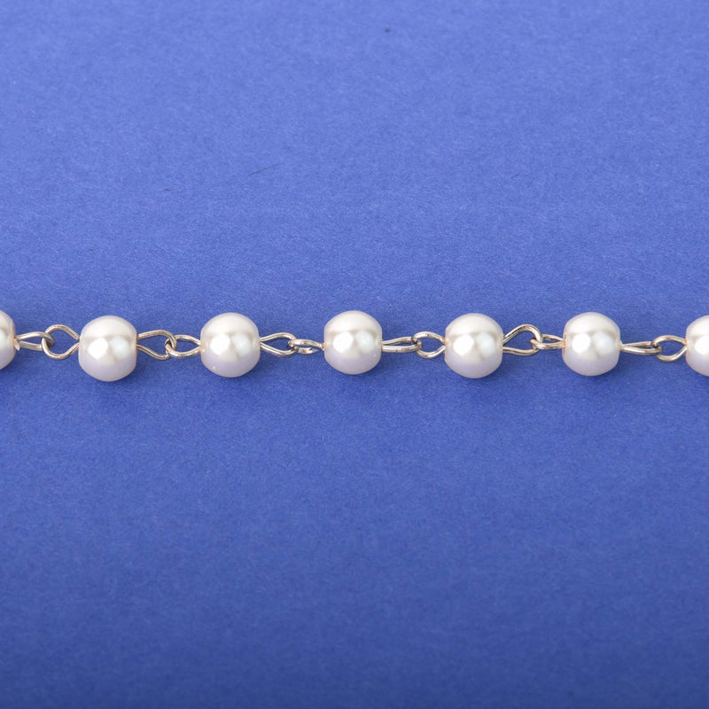 6mm Cream Pearl Rosary Chain, silver, round glass pearl beads, fch1312