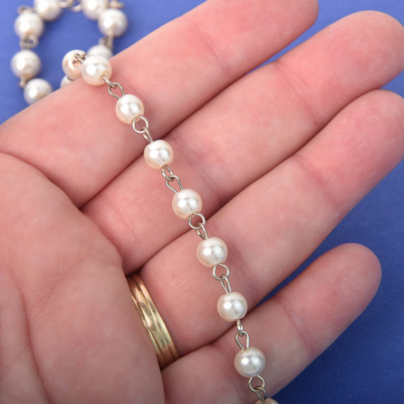 6mm Cream Pearl Rosary Chain, silver, round glass pearl beads, fch1312