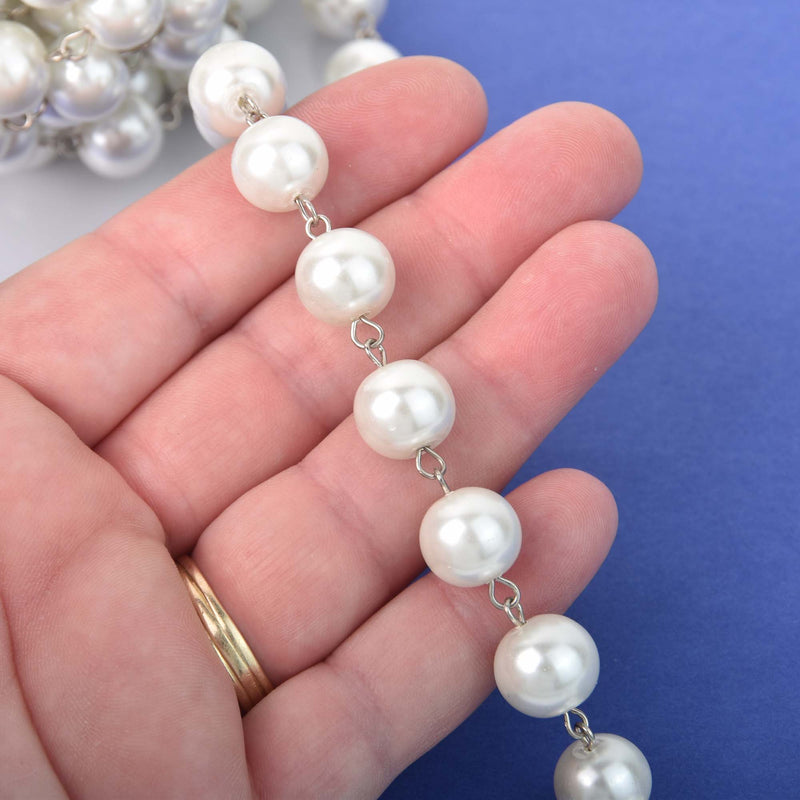 12mm White Pearl Rosary Chain, silver wire, round glass pearl beads, fch1313