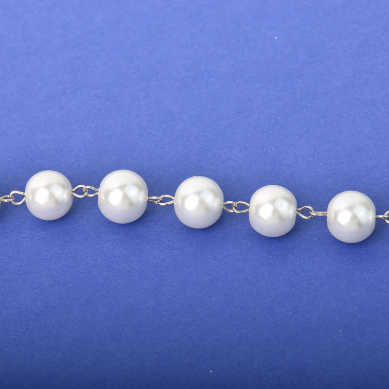 12mm White Pearl Rosary Chain, silver wire, round glass pearl beads, fch1313