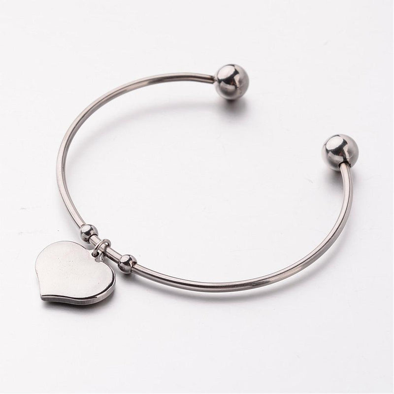 Silver Stainless Steel Cuff Bracelet Blank with Heart Charm Stamping Blank, Ball Bangle Charm Bracelets, 15 gauge, fits 7" wrist, fin0717