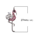 2 FLAMINGO Charms, Rhinestone Flamingo Pendant, Pink and Clear Crystals, silver metal, chs3390