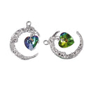 5 Silver CRESCENT MOON Charm Pendants with Rainbow Crystal Heart, 26mm, chs3439