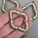 2 Bronze QUATREFOIL Beaded Charms, WHITE Crystal Beads, Connector Link, 2-1/4" long, chs3974