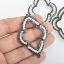 2 Gunmetal QUATREFOIL Beaded Charms WHITE Crystal Beads, Connector Link, 2-1/4" long, chs4662
