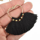 2 Large Tassel Charms Gold HEART with BLACK Fringe Tassels 75x55mm chs4964