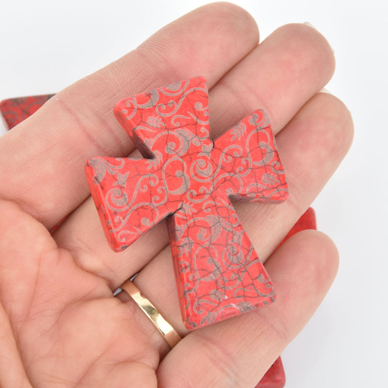 1 Laser Engraved RED Howlite Cross 50mm Pendant Beads, drilled top to bottom, 2" Gem0229