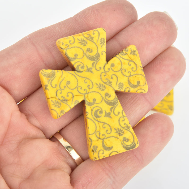 1 Laser Engraved 2" YELLOW Howlite Cross 50mm Pendant Beads, drilled top to bottom Gem0231