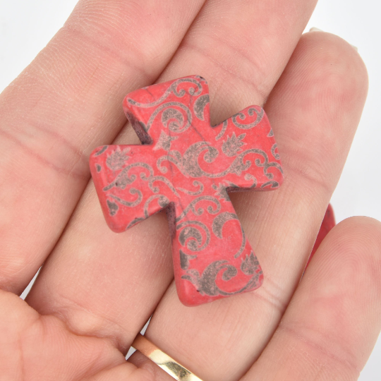 1 Laser Engraved RED Howlite Cross 36mm Pendant Beads, drilled top to bottom, 1-3/8" Gem0238
