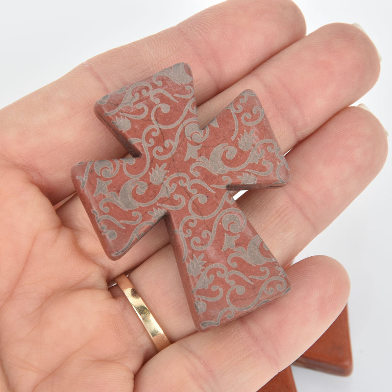 1 Laser Engraved 2" BROWN Howlite Cross 50mm Pendant Beads, drilled top to bottom Gem0235