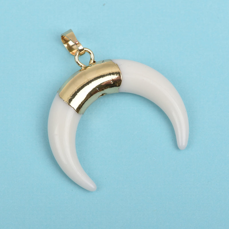 WHITE Double Horn Pendant, Crescent Horn, White Horns, Gold Plated Bail Pendant, Upside Down Moon, 34mm (1-3/8"), cho0214