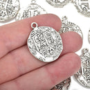 5 Silver Coin Relic Charm Pendants, round coin charms, antiqued silver plated metal, double sided design, 30x25mm, chs2664