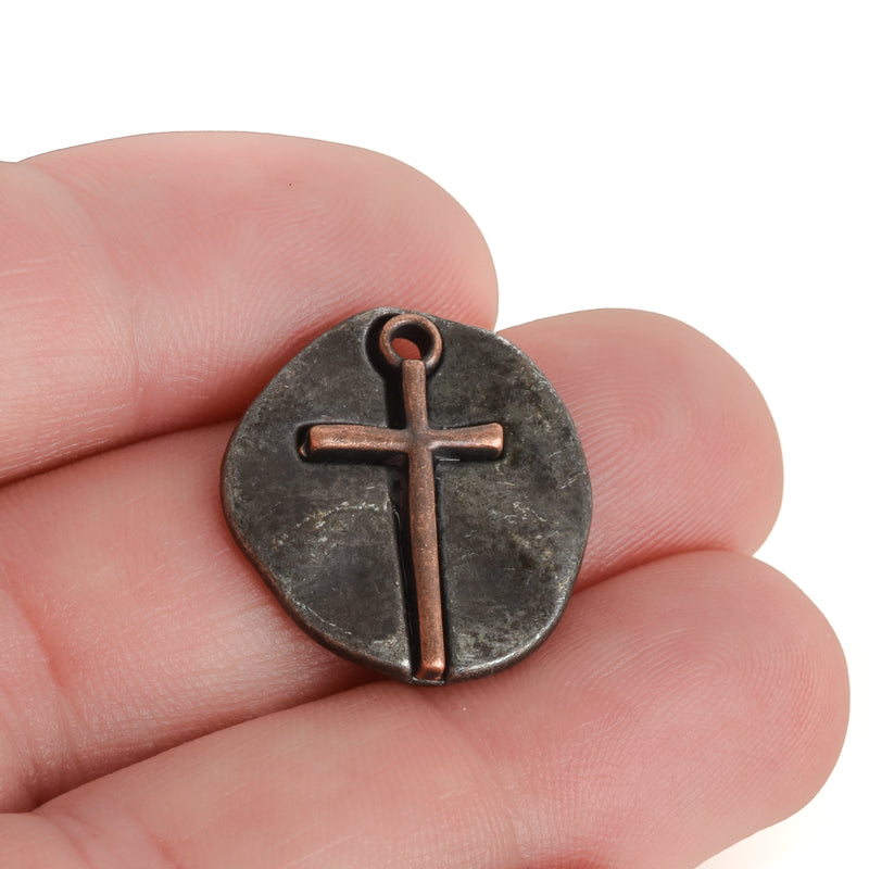10 Gunmetal Coin Relic Charms, Gunmetal Coin with Copper Cross, round coin charms, 21x19mm, chs3444