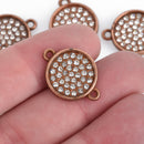 4 Copper Rhinestone Drop Charms, 2-hole connector links, 16mm round coin charm rhinestones embedded in center, chs3622