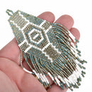 1 Beaded Fringe Tassel Pendant, Miyuki Delica Seed Beads, sage green, gray, white, 4.75" long, chs3674