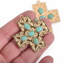 2 Cross Charms, Light Gold with Turquoise Blue, 43mm, chs3844