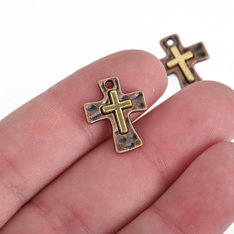 5 Cross Relic Charms, Copper Hammered Cross with Gold Cross, 17mm, chs3851