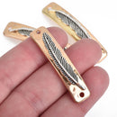 5 FEATHER Bracelet Connector Links, light gold with silver feather, curved bracelet charms, 48x10mm, chs3929
