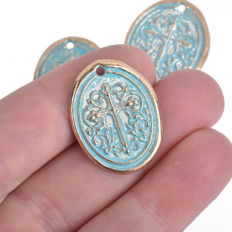 5 Light Gold Cross Relic Charm Pendants, blue verdigris patina, wax seal style, oval coin, 27x21mm, chs3954