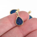 2 BLUE IRIS Druzy Quartz Charms TEARDROP Gold Brass 18x10mm chs4380