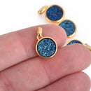 2 BLUE IRIS Druzy Quartz Charms ROUND Gold Brass 18x12mm chs4386