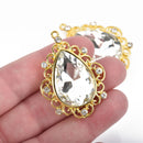 2 GOLD PLATED Crystal Filigree Charms, TEARDROP Rhinestone Pendants 46mm chs4553