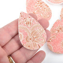 10 PINK FLORAL Faux Leather Teardrop Charm Pendants Vegan Leather, 2-1/4" long chs4580