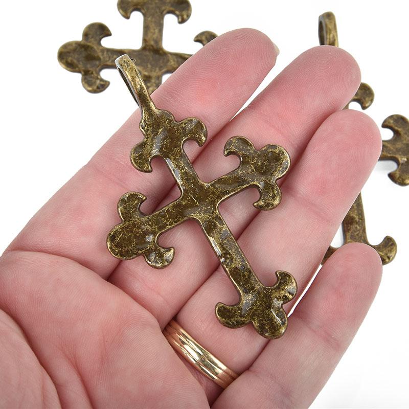2 Bronze Cross Charms Large Long Skinny Cross Pendant, 4-1/4 x 2-5/8 chs4927