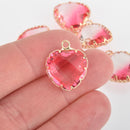 2 Heart Glass Charms PINK Faceted Crystal with Gold Prong Bezel, 19mm chs5743