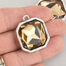 Champagne Rhinestone Drop Charm, Square Crystal Glass in Silver Tone Bezel, 32x27mm, chs6191