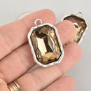Champagne Rhinestone Drop Charm, Rectangle Octagon Crystal Glass in Silver Tone Bezel, 37x23mm, chs6195