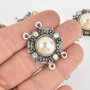 2 Silver Charms with Faux Pearls and Crystals, Connector Link, chs6406