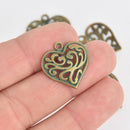 10 Bronze Heart Charms, Green Verdigris Patina, filigree heart design, 21mm, chs6728