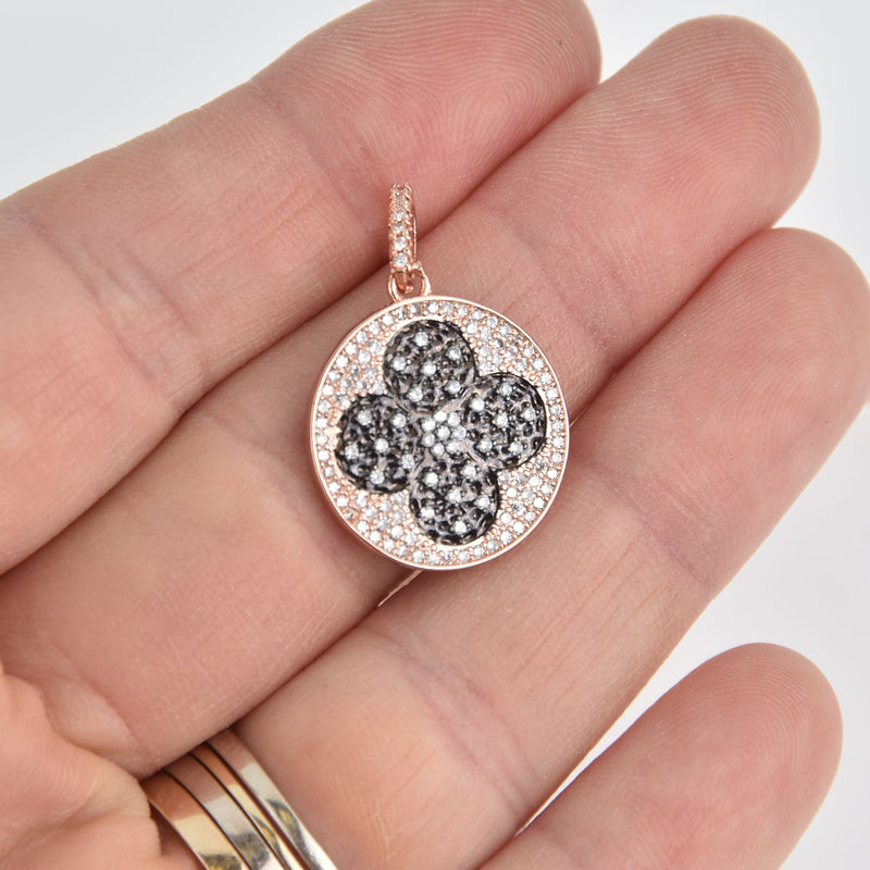 Rose Gold Clover Charm, Micro Pave CZ Crystals, 20mm, chs6928