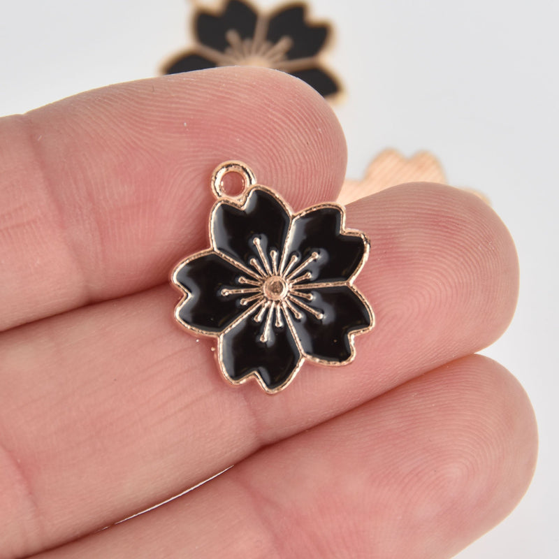 5 Black Flower Charms, Rose Gold with Enamel, chs7151