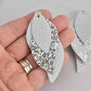 5 Faux Leather Teardrop Charms, Silver and Glitter, Vegan Leather, 3" long chs7273