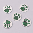 4 Green Pet Tag Charms, Glitter Enamel Paw Print with Silver, 25mm, chs7807