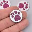 4 Dark Pink Pet Tag Charms, Glitter Enamel Paw Print with Silver, 25mm, chs7808