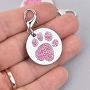 Light Pink Pet Tag Charm, Glitter Enamel Paw Print with Silver Plate, 25mm, chs7946