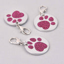 Hot Pink Pet Tag Charm, Glitter Enamel Paw Print with Silver Plate, 25mm, chs7948
