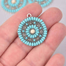 1 Faux Turquoise Charm, Mandala, Silver Metal, 28mm, chs7978