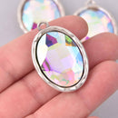 Clear AB Rhinestone Drop Charm, Oval Crystal in Silver Tone Bezel, 39x26mm, chs7993
