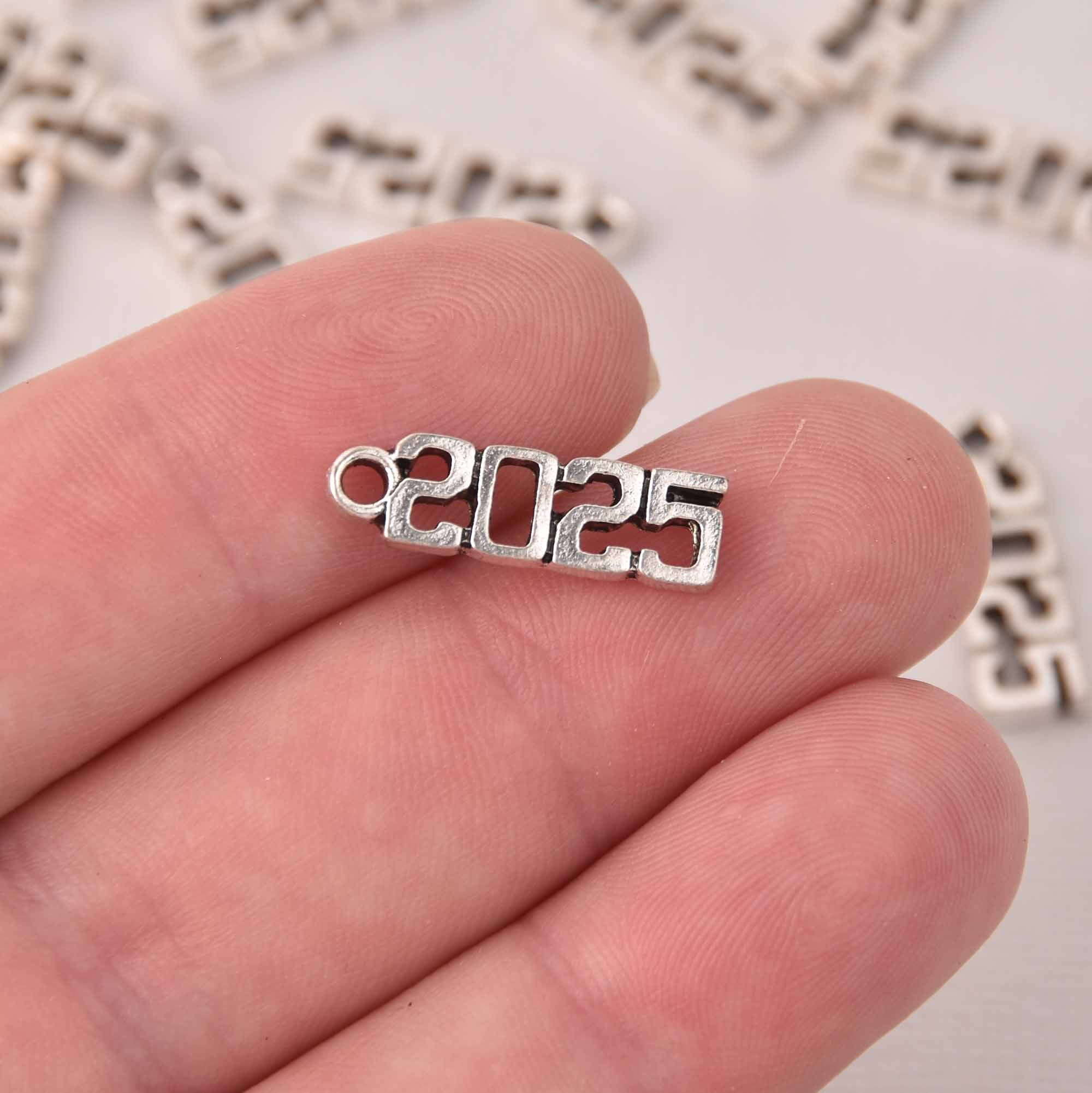 10 Silver 2025 Graduation Charms, Varsity font, chs8099