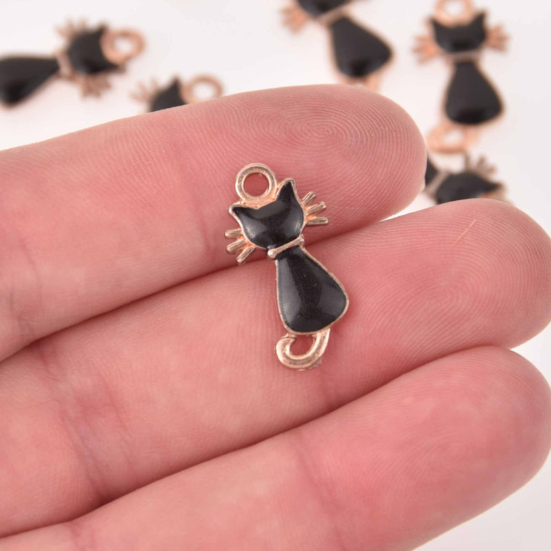 4 Rose Gold Plated CAT Charms, Black Enamel chs8131