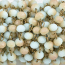 1 yard Pale Blue and Tan Crystal Rosary Chain, bronze wire, 6mm matte rondelle faceted crystal beads, fch0688a